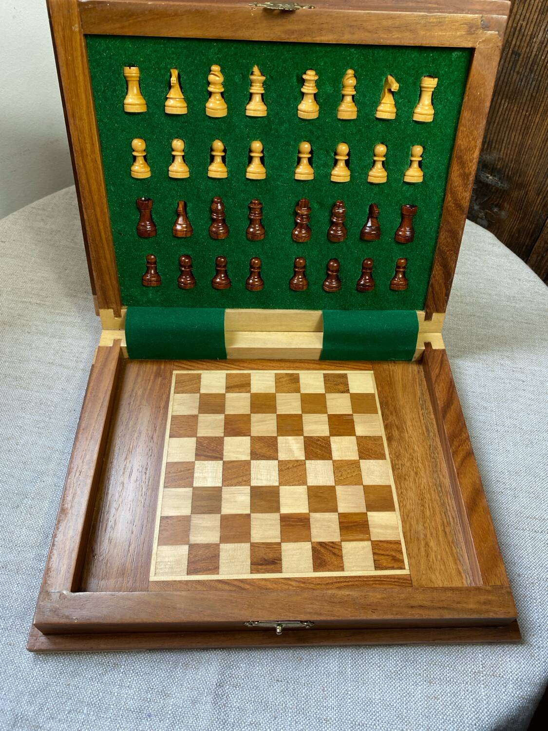 Wooden travel chess set, marquetry board