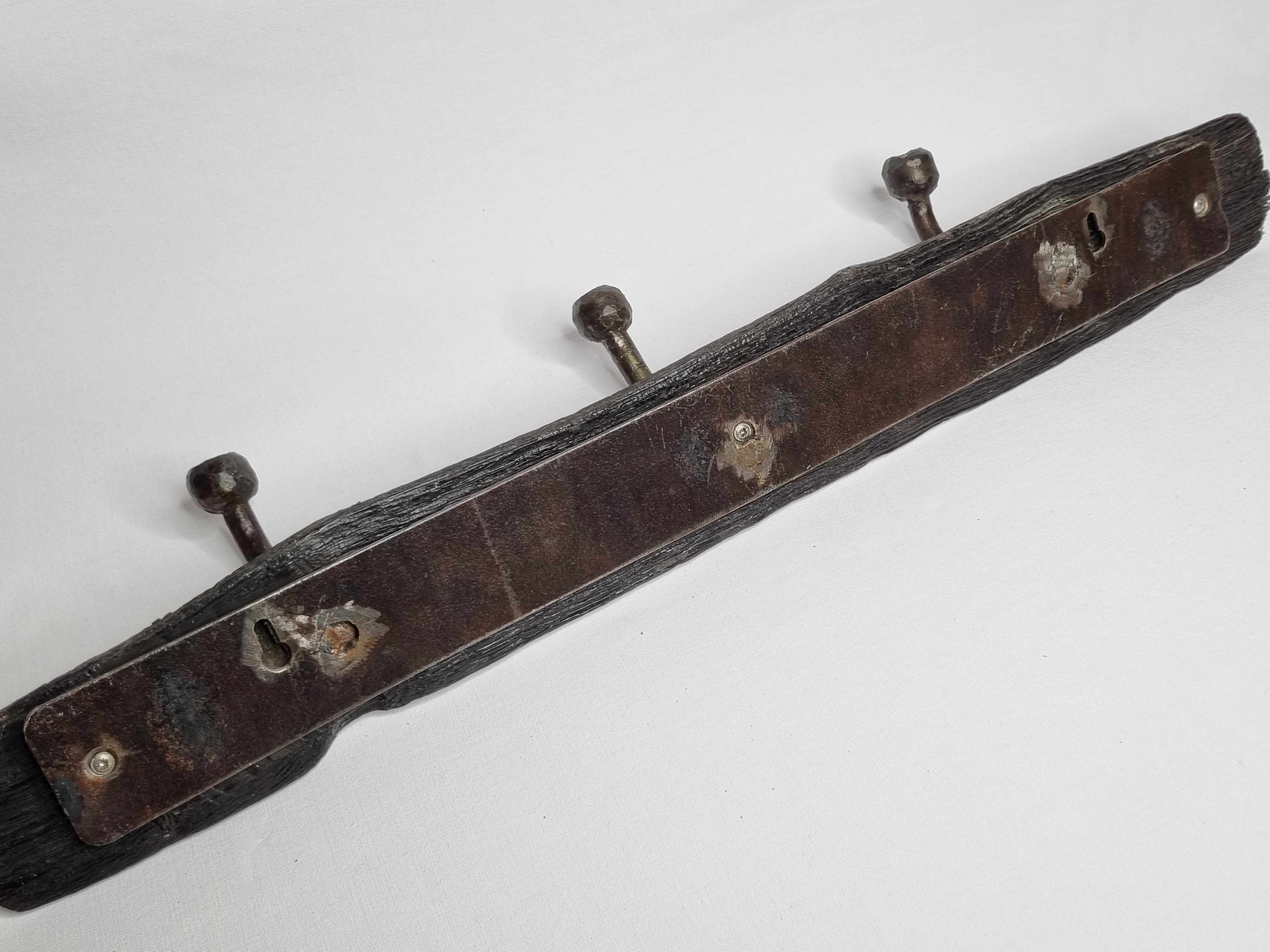 Handcrafted wall coat rack in driftwood, copper and forged steel, 3 hooks, 63 cm