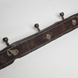 Handcrafted wall coat rack in driftwood, copper and forged steel, 3 hooks, 63 cm