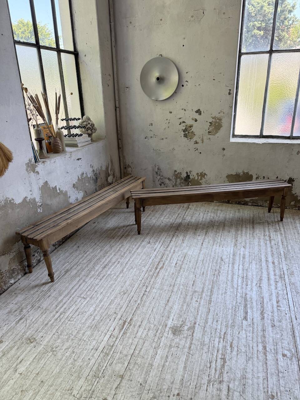 Pair of 1950 benches with oak and beech slats