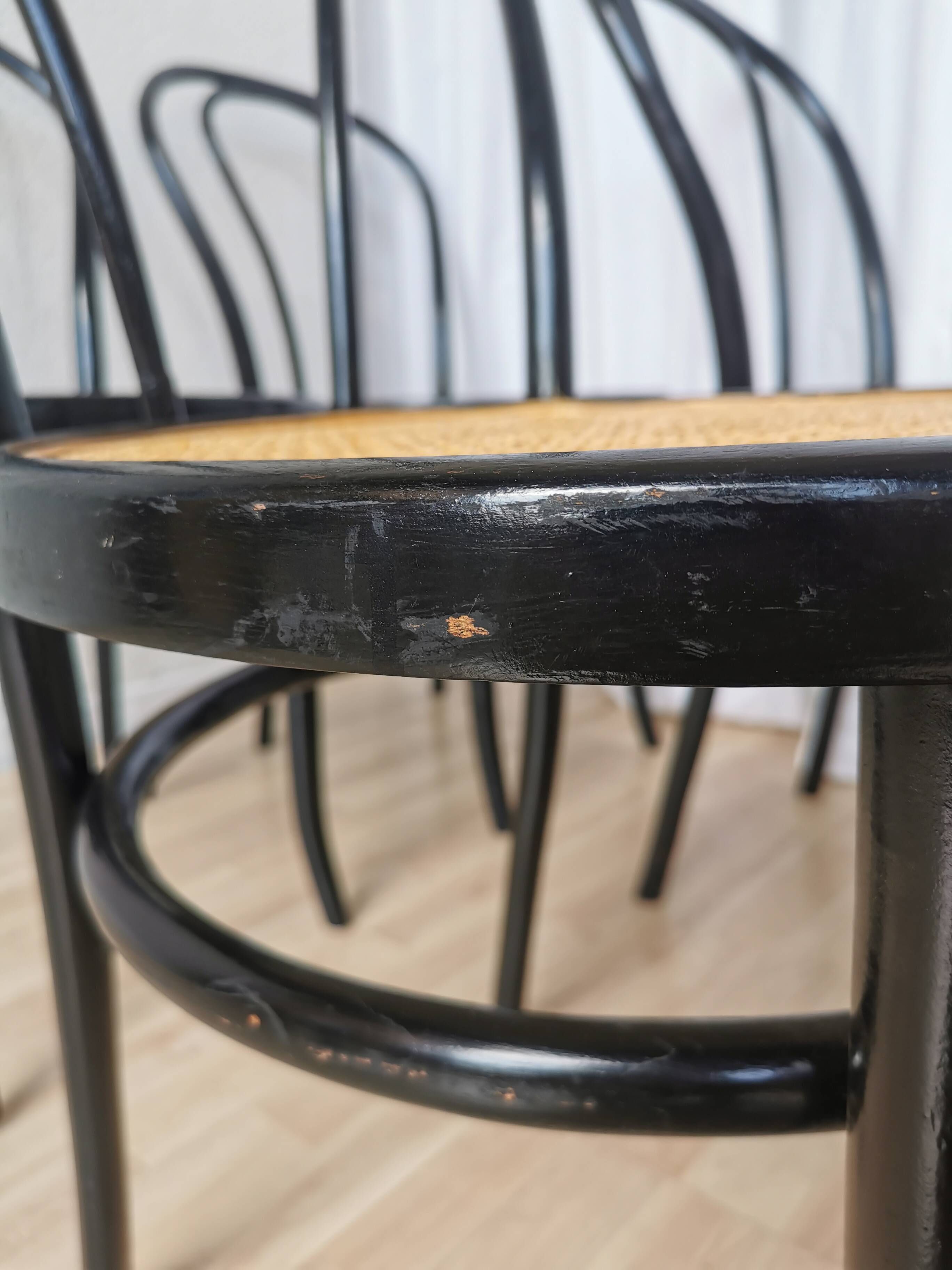 Set of 6 Vintage Thonet Style Dining Chairs: Black Bentwood Cane Seat
