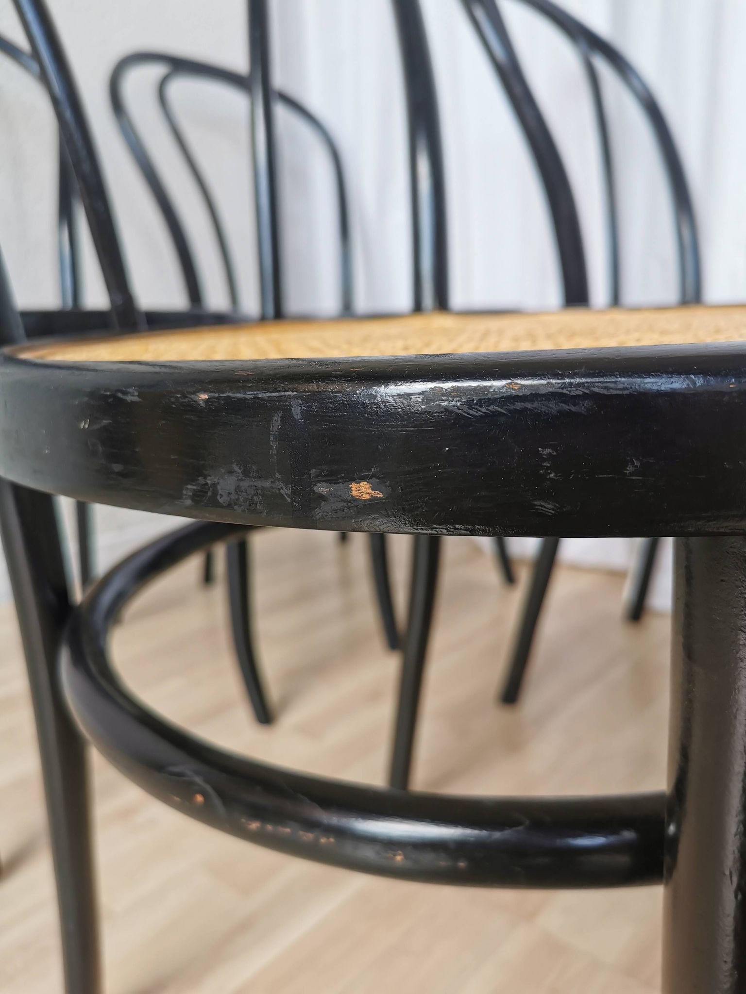 Set of 6 Vintage Thonet Style Dining Chairs: Black Bentwood Cane Seat