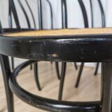 Set of 6 Vintage Thonet Style Dining Chairs: Black Bentwood Cane Seat