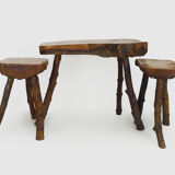 Old Brutalist tripod coffee table with 2 stools