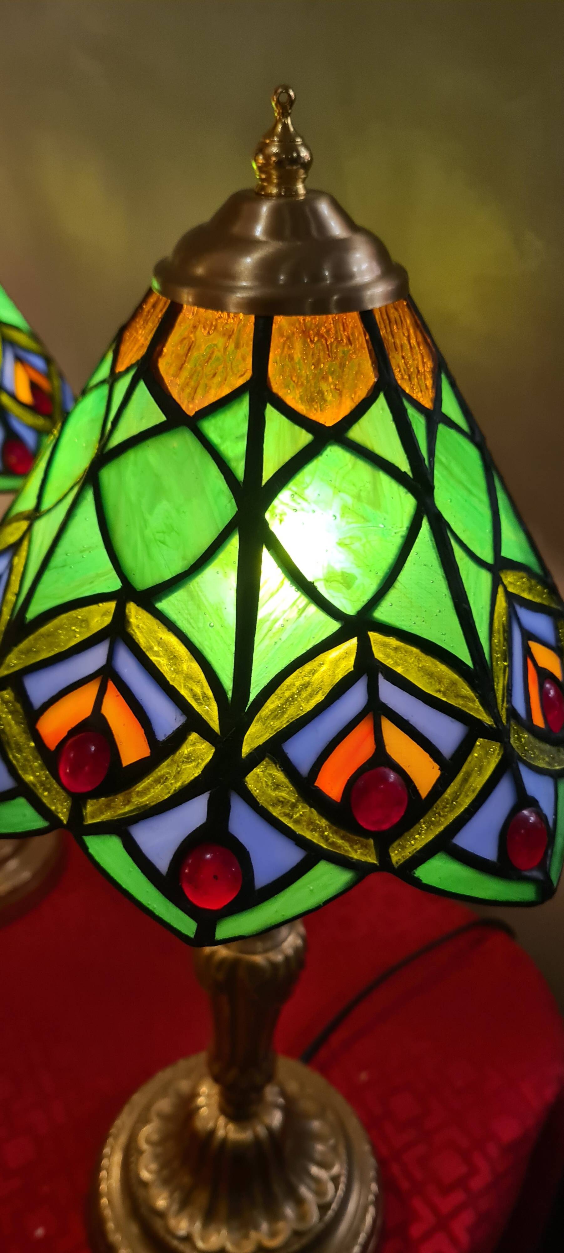 Pair of antique bronze lamps, glass lampshades, 44x21, stained glass, Tiffany style.