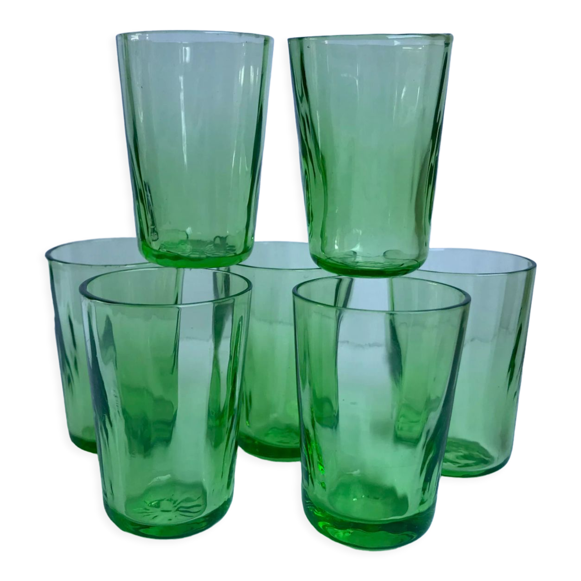 Set of 7 green glass liquor glasses 60s-70s