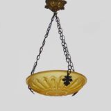 Ancien lustre, suspension vasque Art Déco 1 Feu, en pâte de verre jaune.