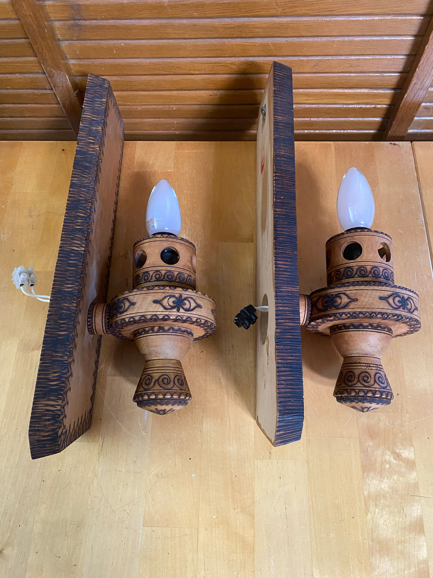 Pair of Vintage Pyrographed Wood Torch Wall Lights Mountain Style #