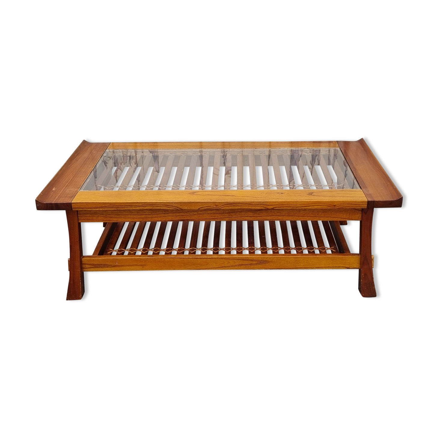 Coffee table, exotic wood, glass and rattan, vintage