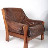 Brutalist leather sofa and armchair set, 1970s