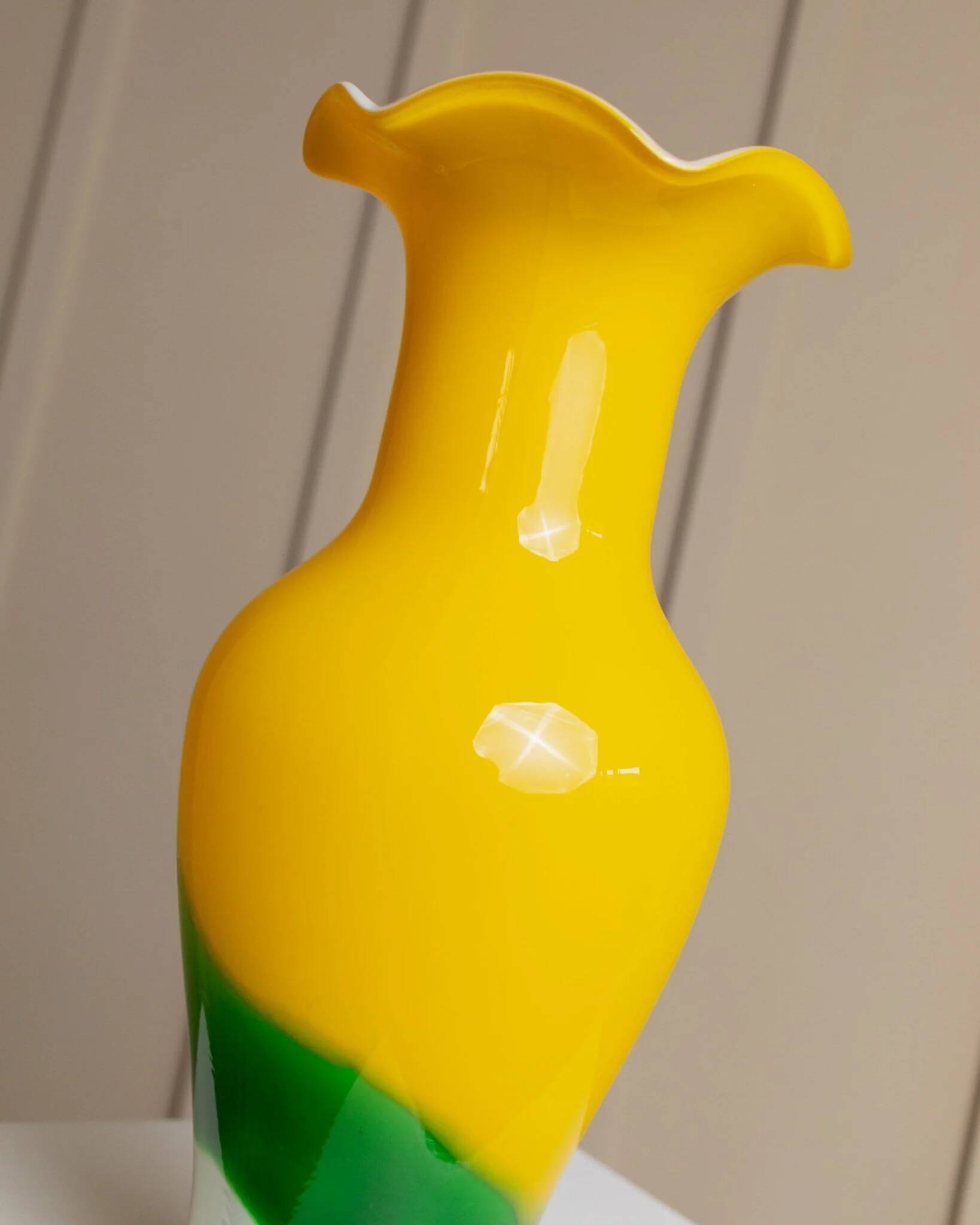 Vintage Murano Glass Fenton Vase in Multicolor Yellow, White & Green, Flashed Glass – Italy 1970s