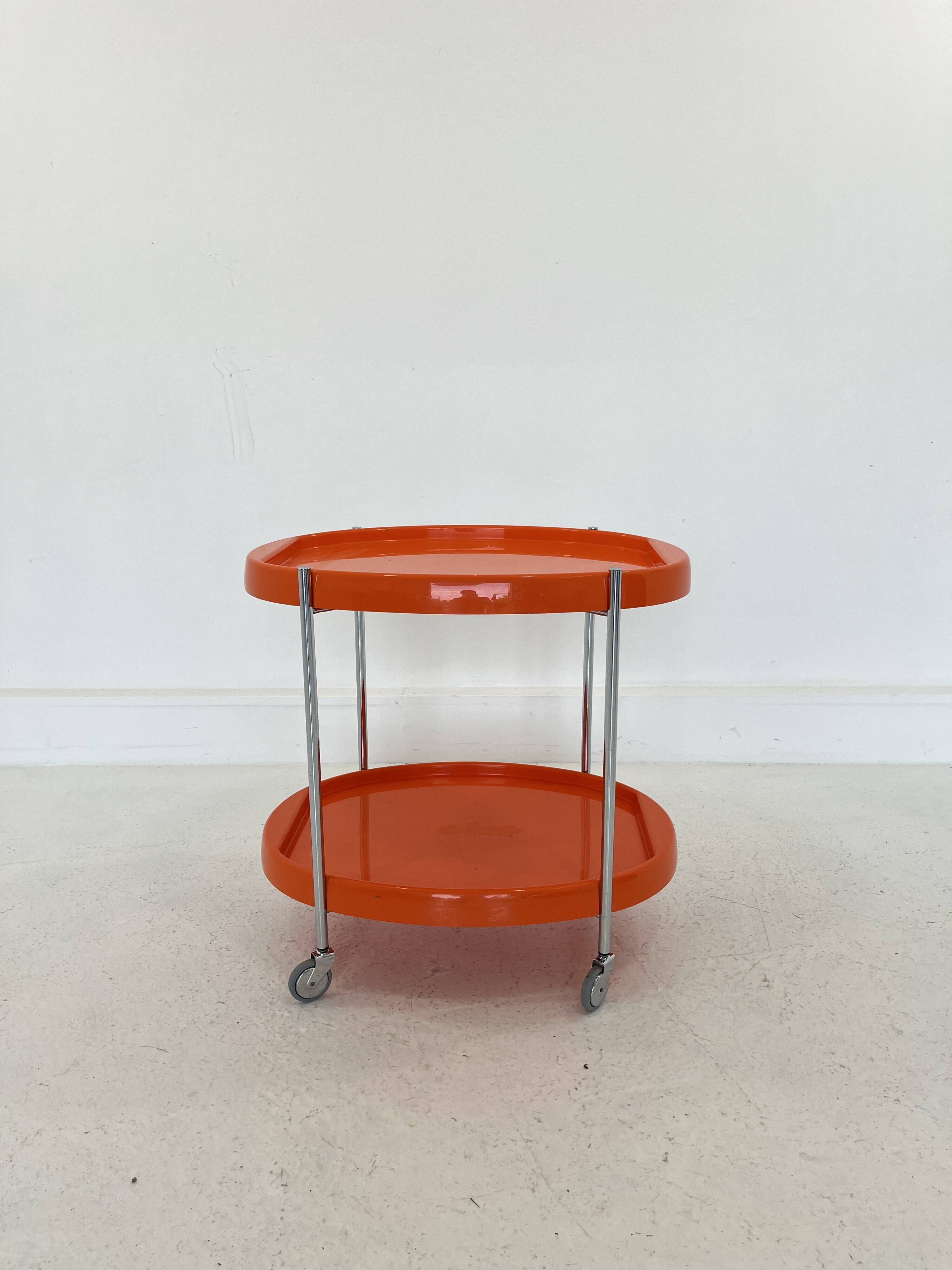 Space Age Chrome Serving Trolley with Orange Plastic Trays, 1970s