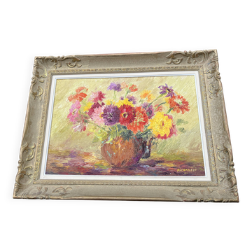 Tableau bouquet de fleurs signé Richard,  69 x 51