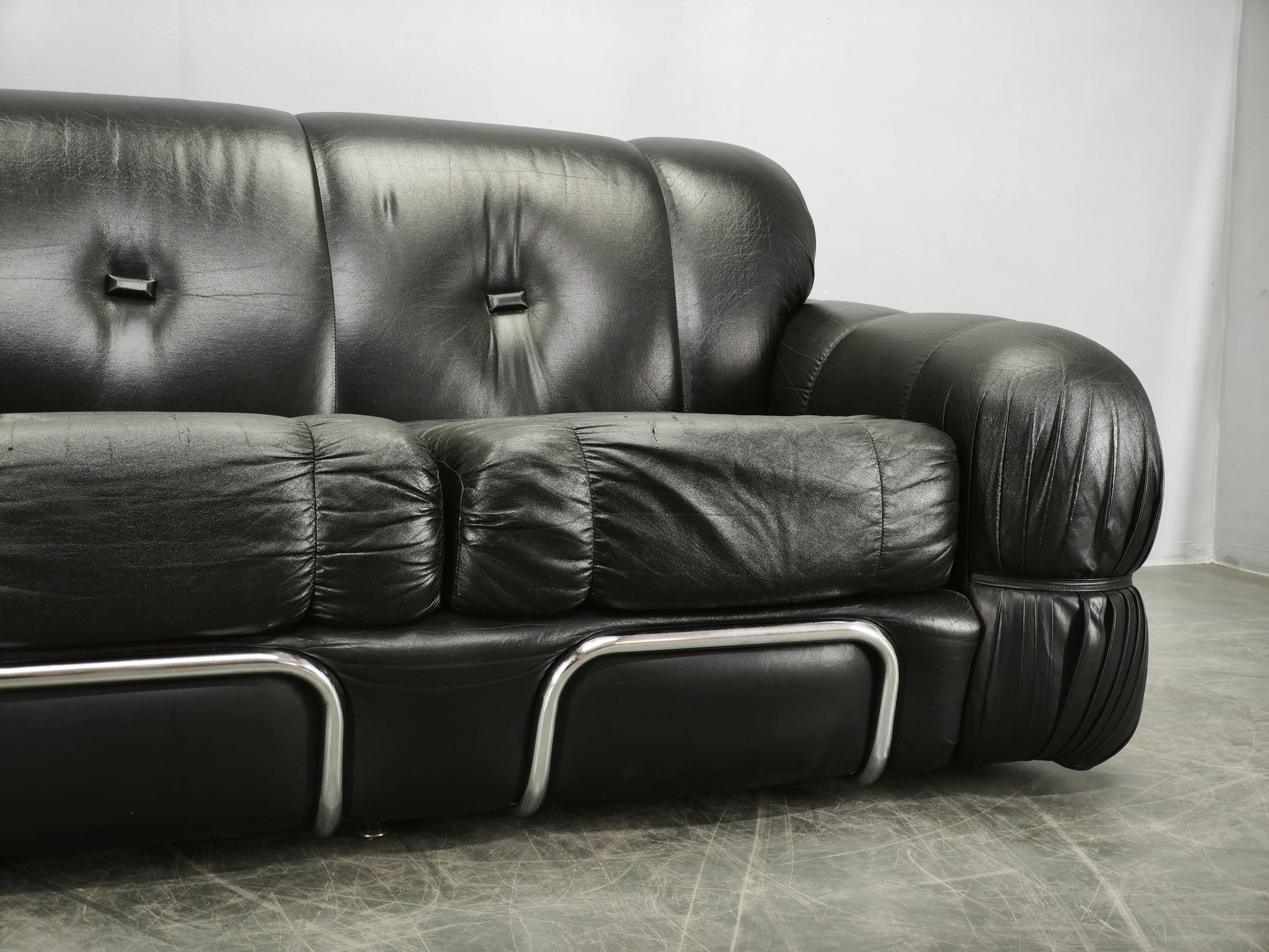 1970s Italian Two-Seat Sofa by Adriano Piazzesi in Chrome and Leatherette