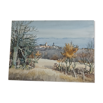 Watercolor signed Bettina Von Arnim view of Concots ,Lot, Occitanie