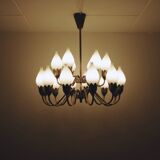 Fog & Mørup 18-Arm Brass and Opaline Glass Tulip Chandelier
