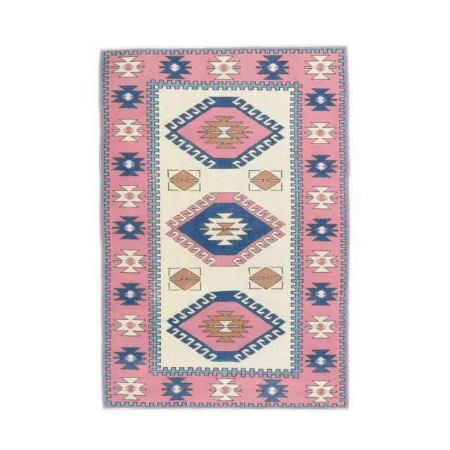 1970s Vintage Turkish Hand-Knotted Wool Cotton Pink Area Rug 120x176