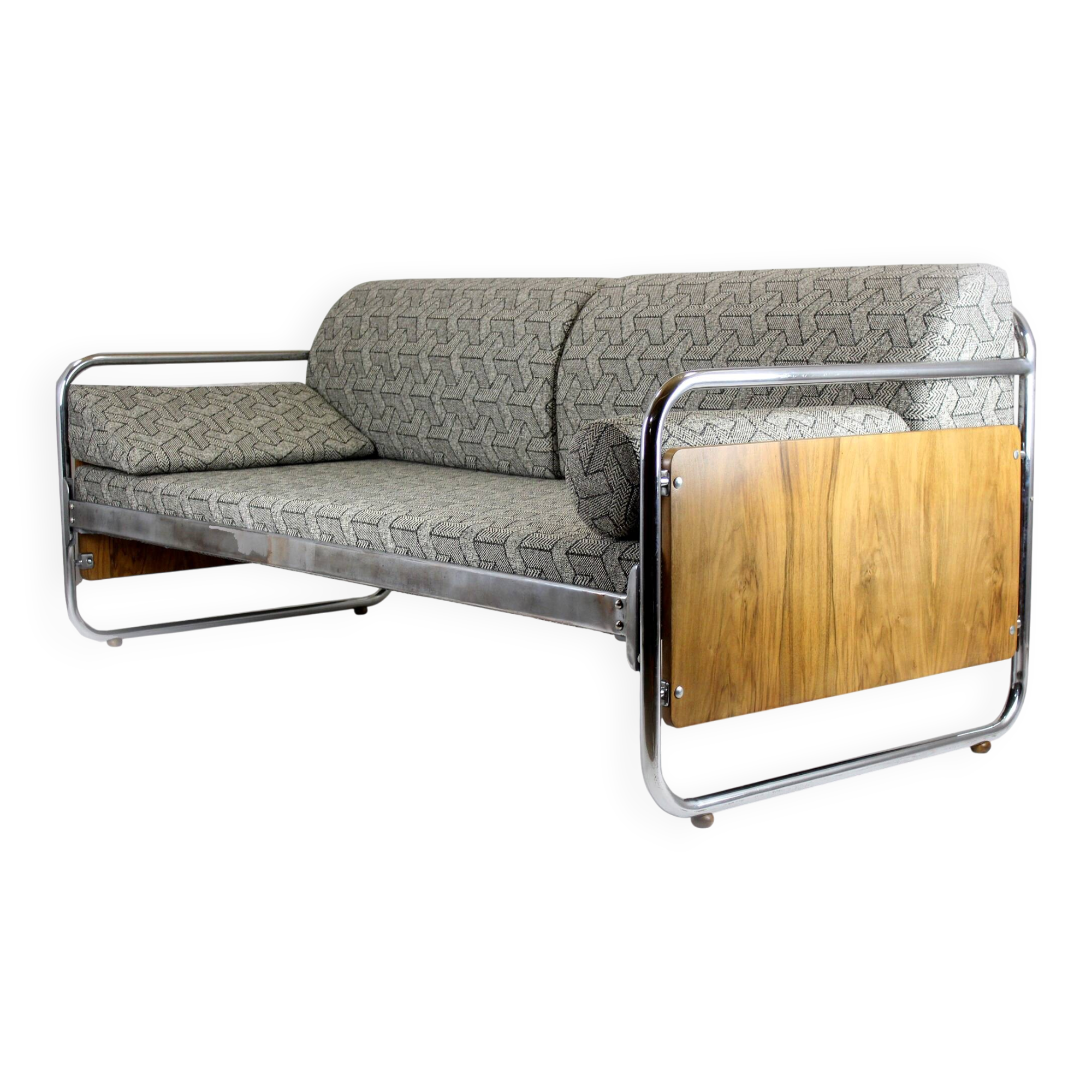 Restored Bauhaus Tubular Steel and Chrome Sofa, Czechoslovakia, 1940s