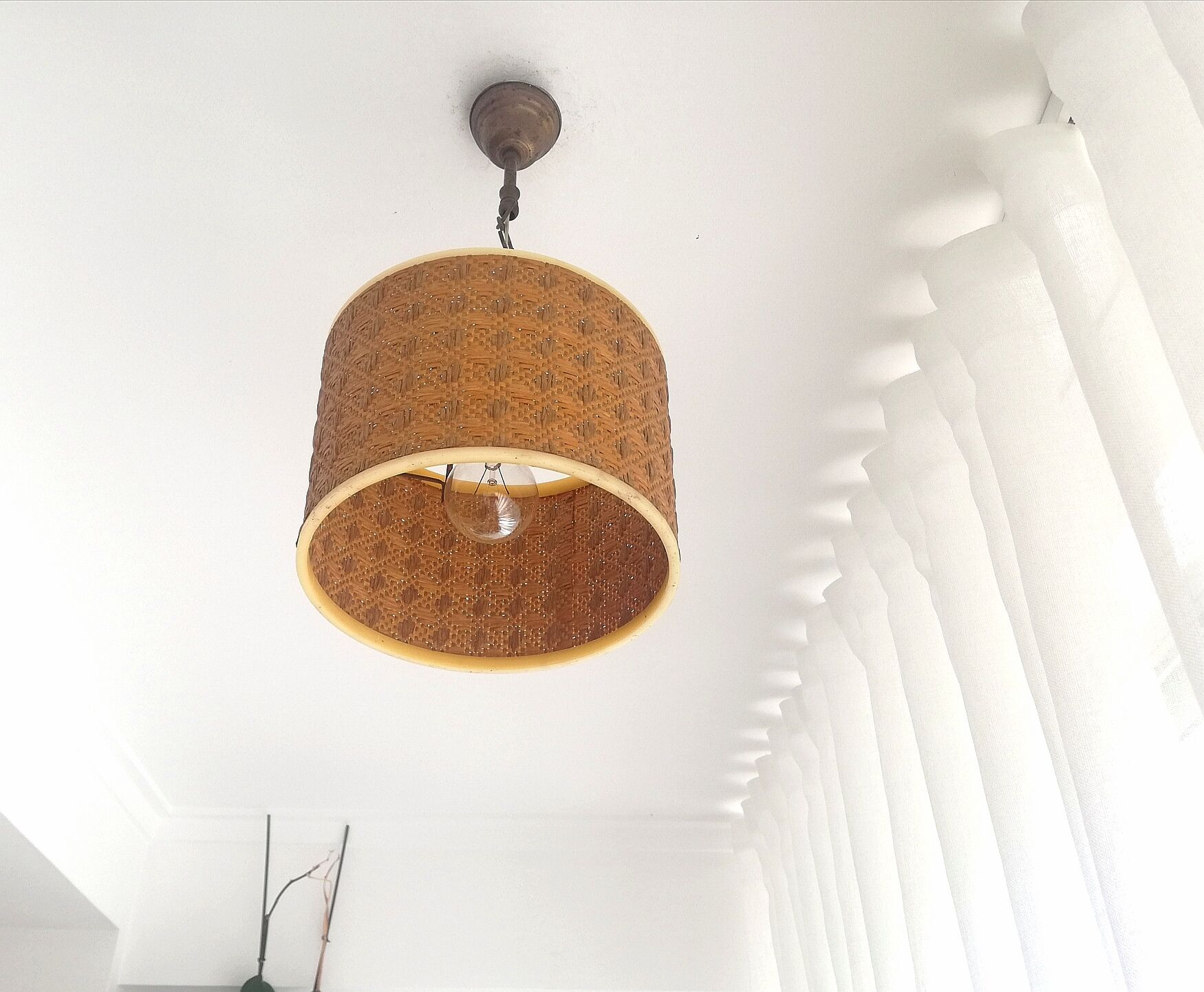 Orange Ceiling lamp vintage 70s made of straw