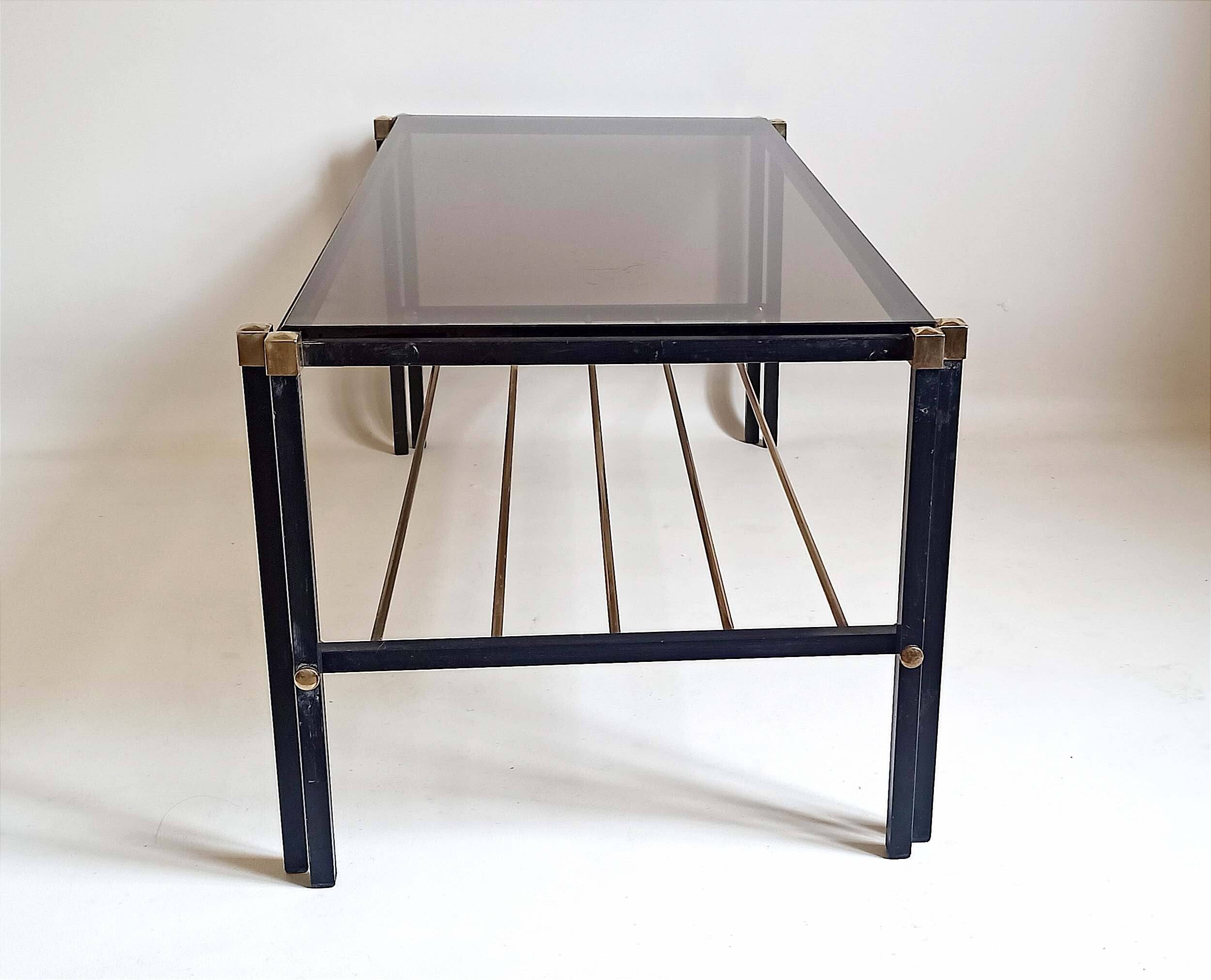 Magazine holder coffee table 1960s smoked glass, metal and brass Width 94.2 cm
