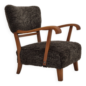 1950s, Danish design, refurbished-reupholstered armchair, genuine sheepskin.