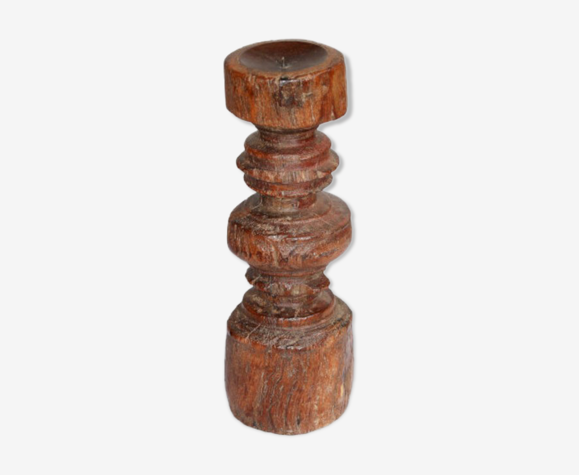Bougeoir haut bois vieux teck patine d'origine ancien pied de charpoy lit indien 12x40cm
