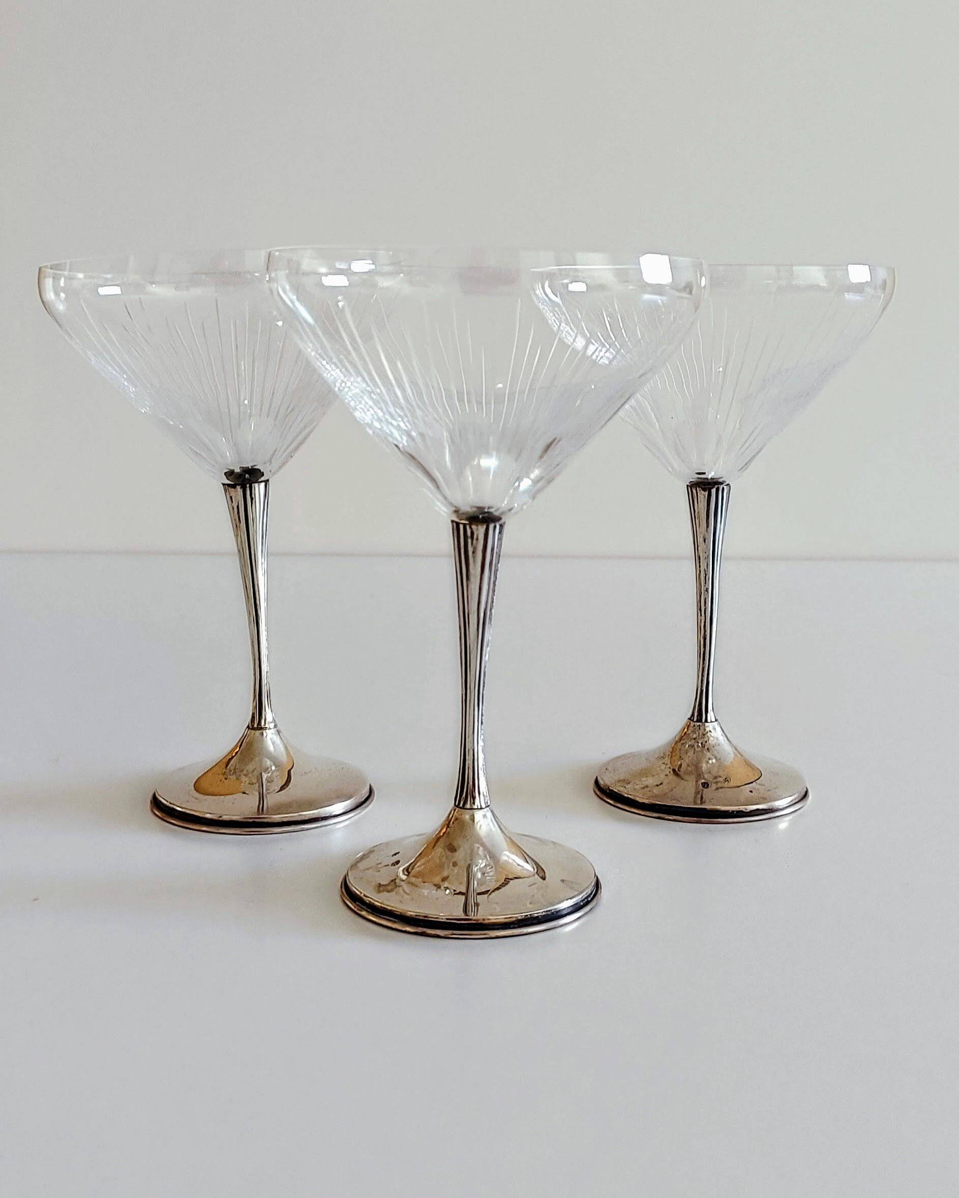 Art Deco Champagne Glasses Set of 3, Sterling Silver & Cut Glass