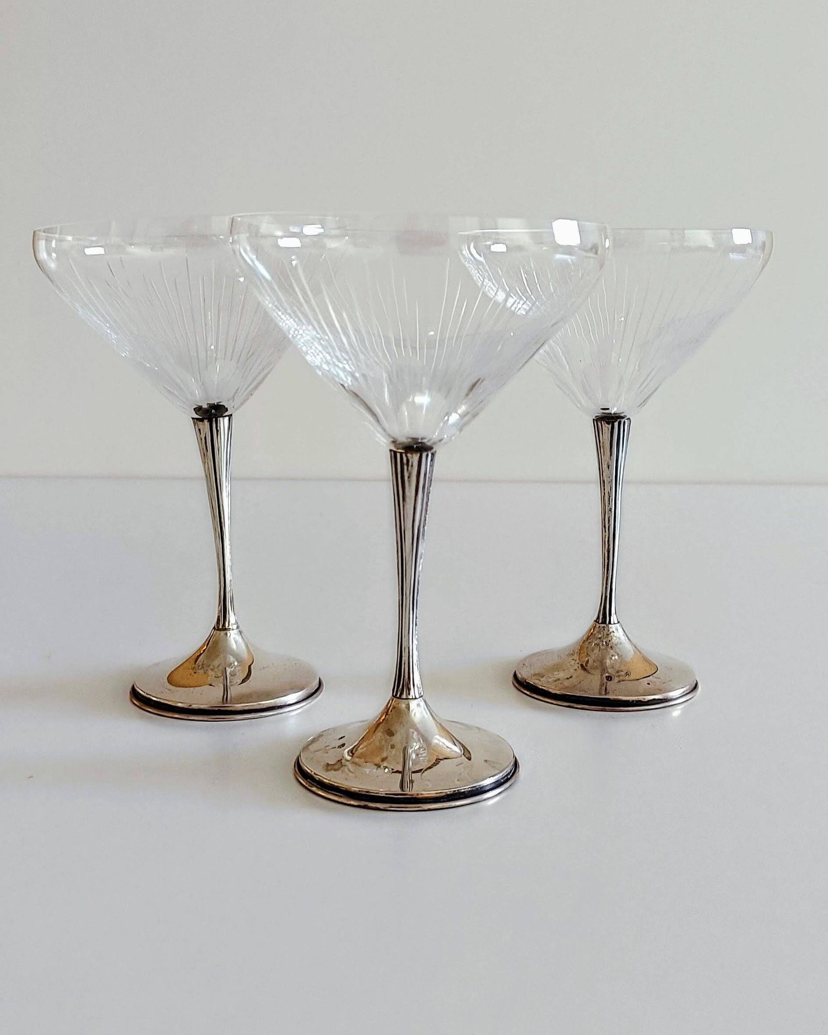 Art Deco Champagne Glasses Set of 3, Sterling Silver & Cut Glass