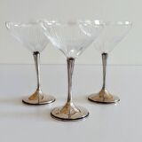 Art Deco Champagne Glasses Set of 3, Sterling Silver & Cut Glass