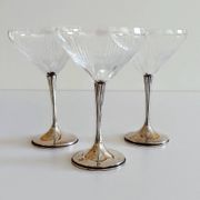 Art Deco Champagne Glasses Set of 3, Sterling Silver & Cut Glass
