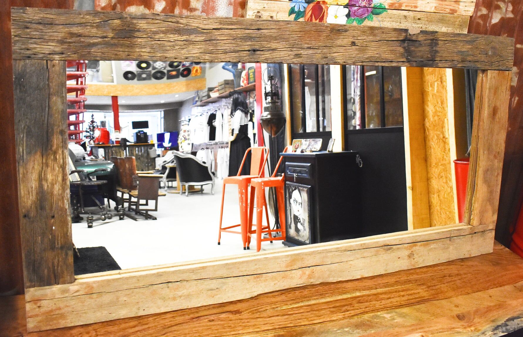 Industrial mirror made from recycled solid exotic wood