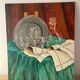Still life, carafe and glasses, oil on cardboard signed Francine Dubois.
