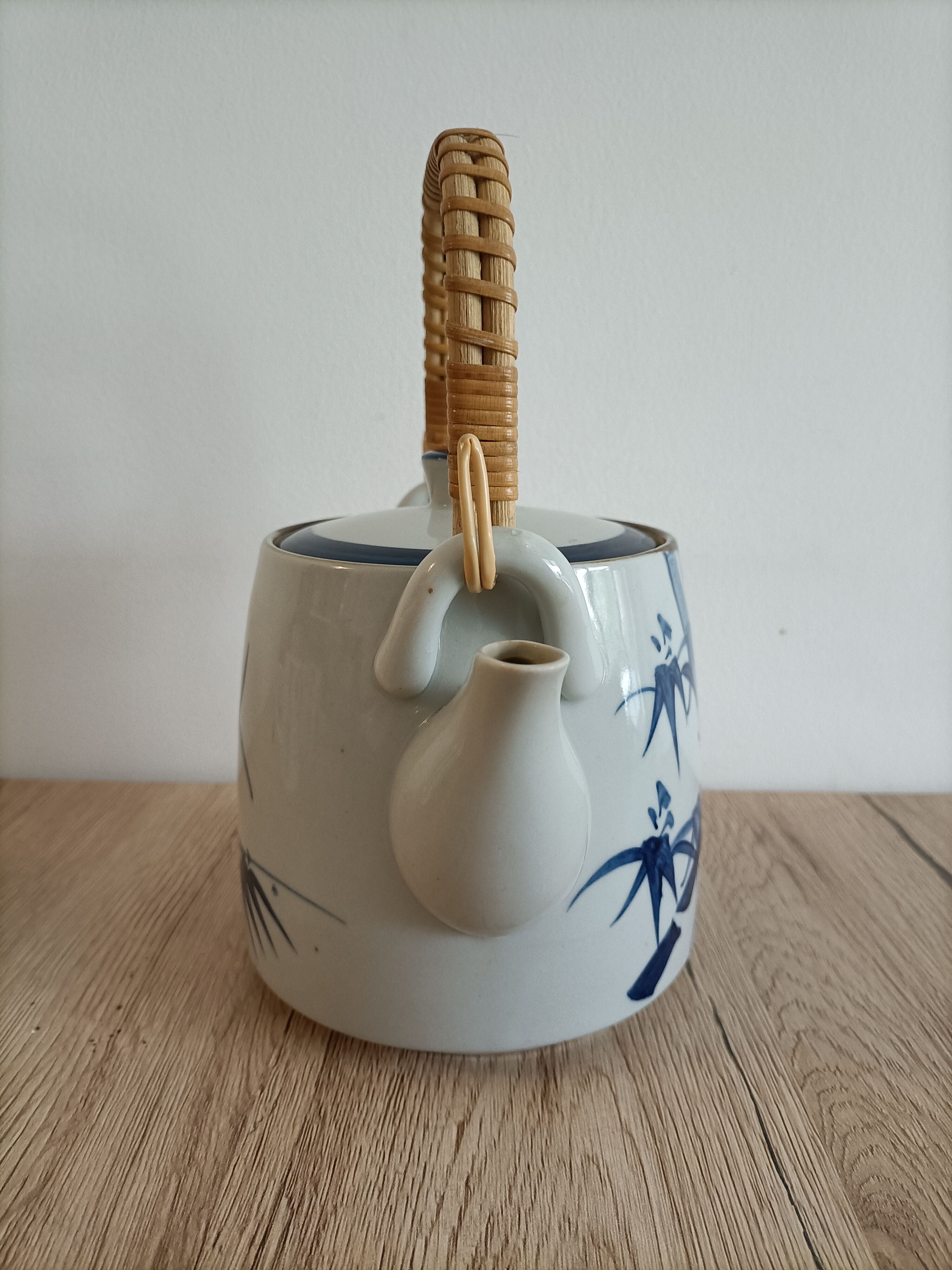 Japanese-inspired ceramic teapot blue bamboo pattern