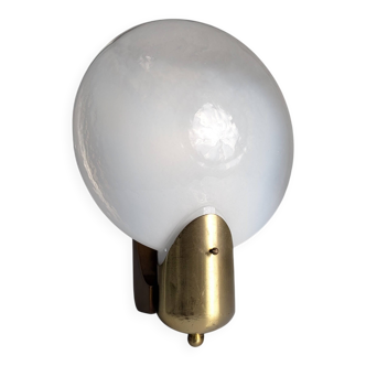 Vintage Wood, Brass and Two-Tone Oval Glass Wall Lamp, Italy, 1970s