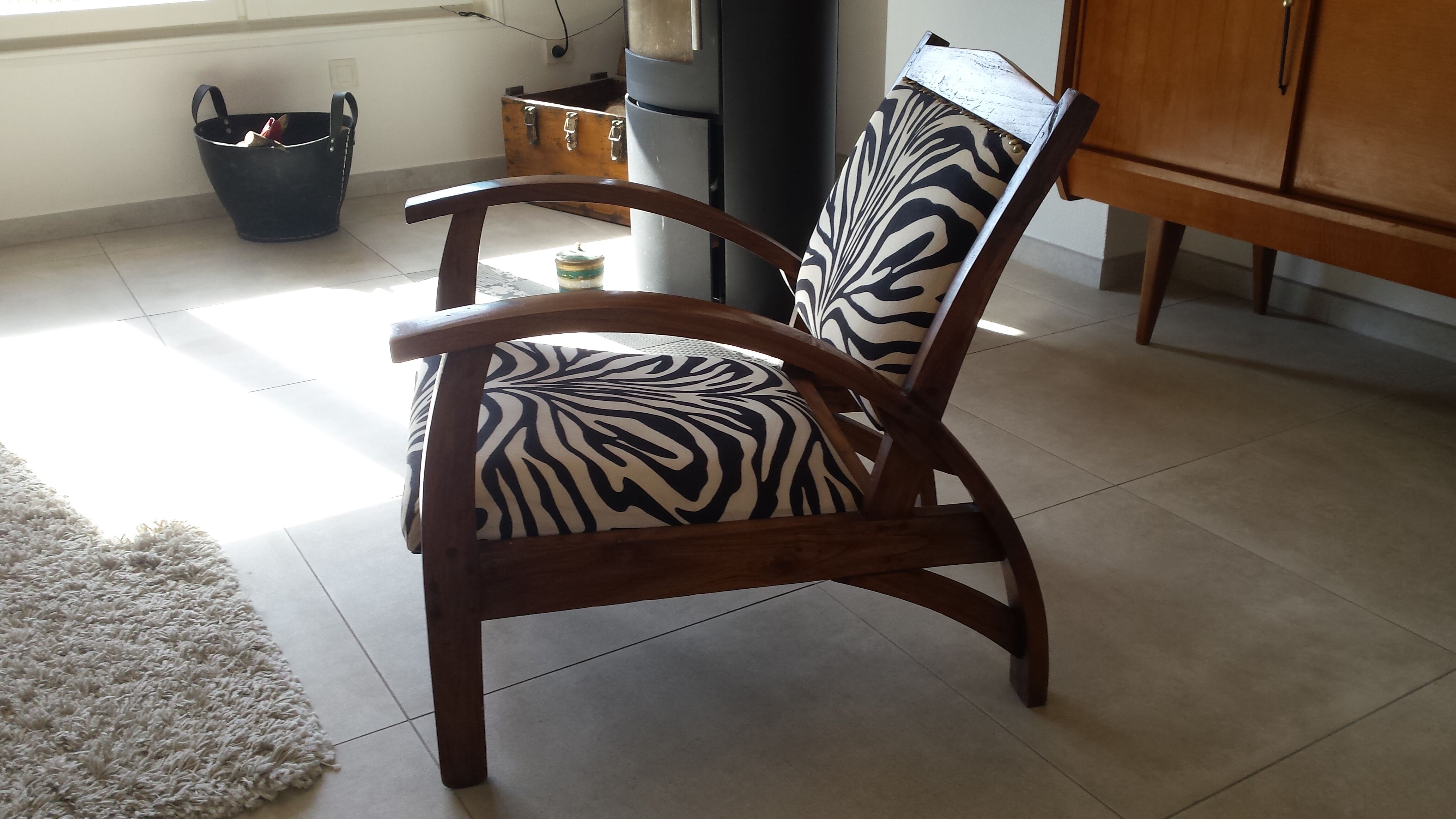 Scandinavian style wood armchair, black and white fabric