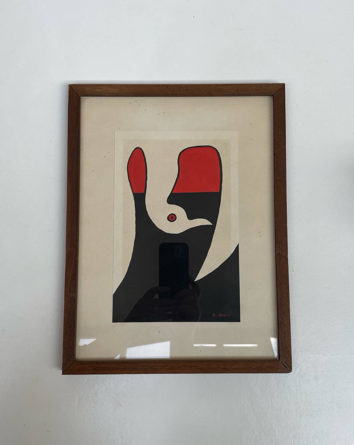 Abstract composition - gouache, signed R. Rault, vintage wooden frame