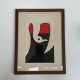 Abstract composition - gouache, signed R. Rault, vintage wooden frame