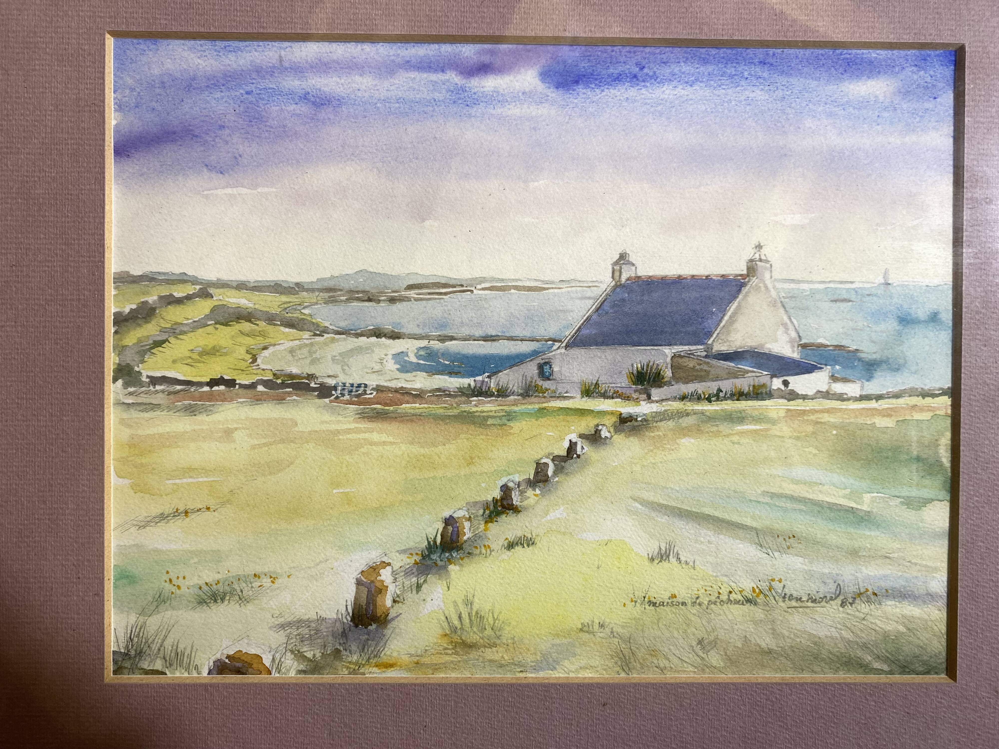 Aquarelle Sur Papier JEAN MOREL Vue Maison De Pêcheurs + Cadre Bois Blanc