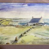 Aquarelle Sur Papier JEAN MOREL Vue Maison De Pêcheurs + Cadre Bois Blanc