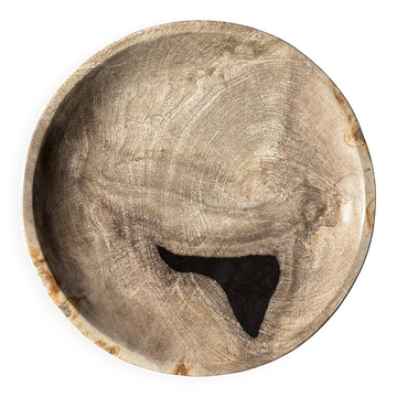 Bowl, plate or circular dish in beige petrified wood with black spots.