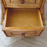 Semainier 6 tiroirs en bois, bambou et rotin tressé, années 60