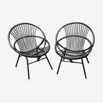 Vintage black rattan and bamboo chairs