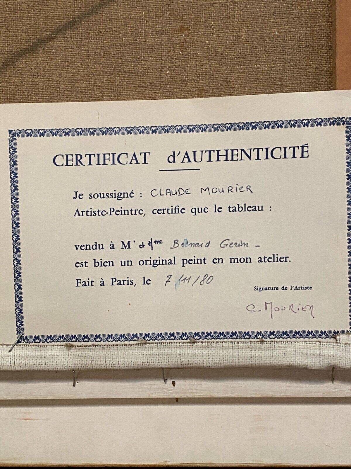 Oil on canvas cottages at the water's edge by Claude Mourier 1980