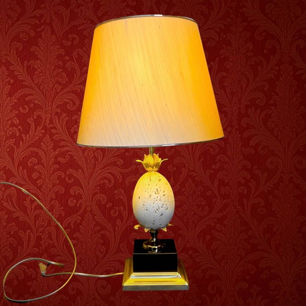 Vintage ostrich egg lamp travertine brass 1970s Maison Charles style