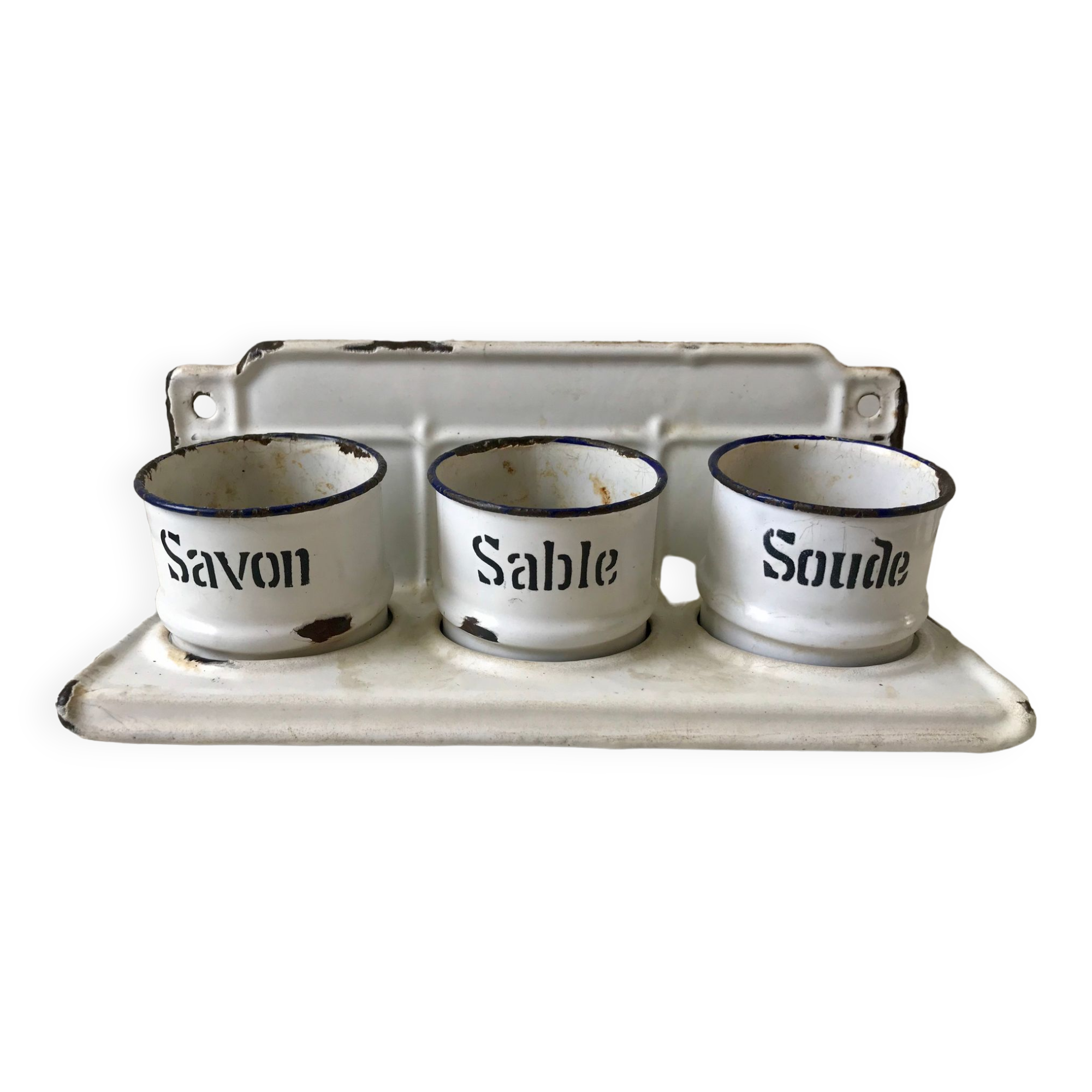 set of enamelled pots to fix (soda, soap, salt) early twentieth century