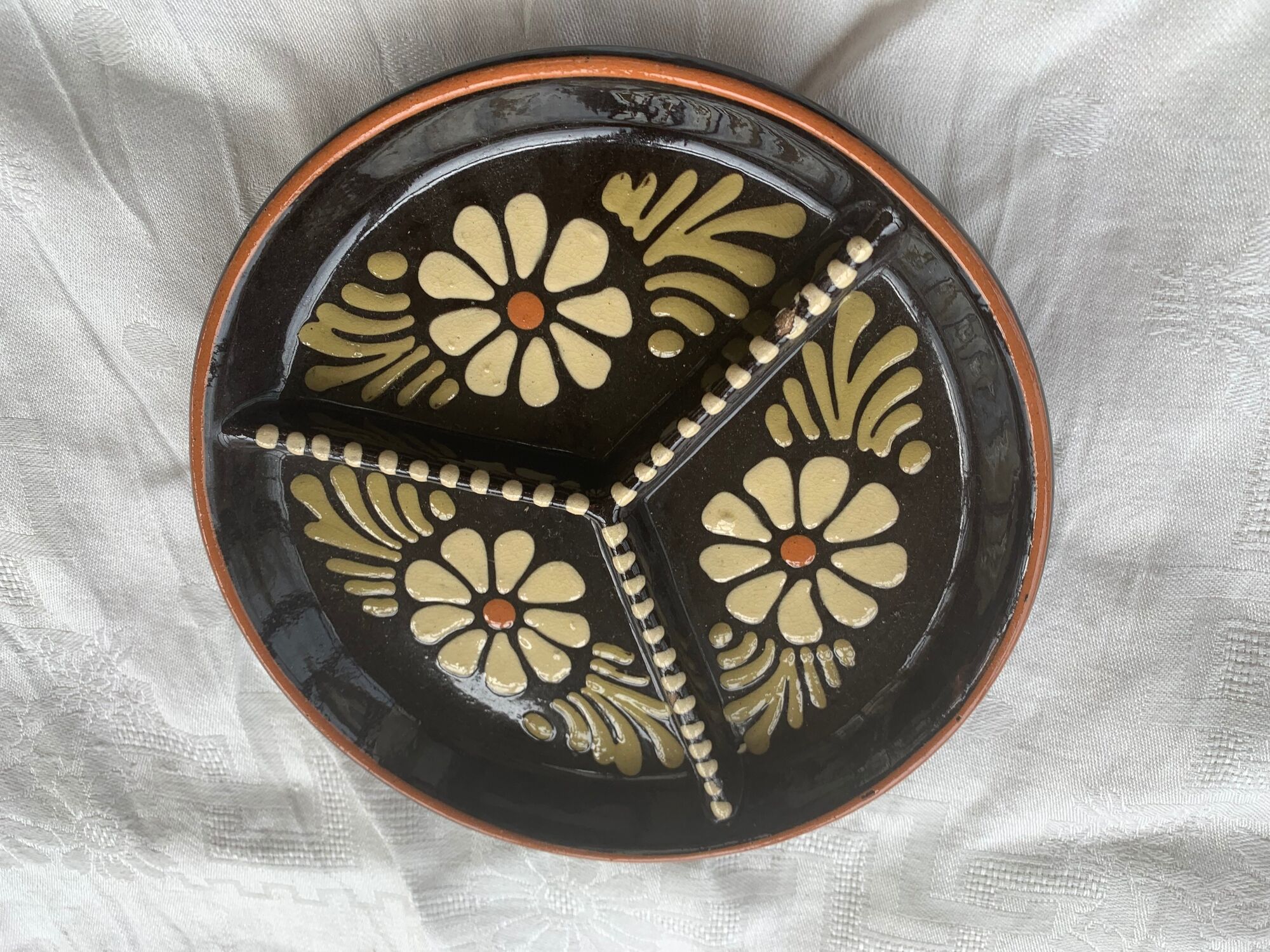 Compartment plate Alsatian pottery vintage floral pattern