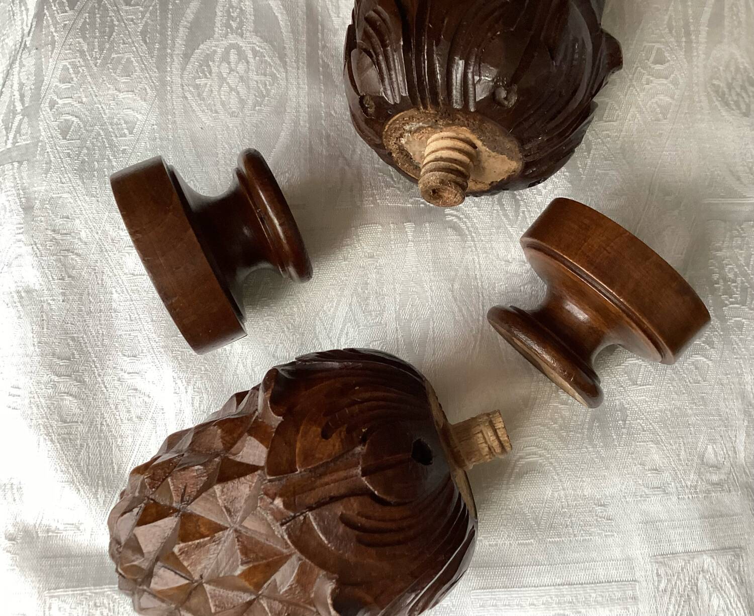 Set of 2 old pine cone shaped wooden tips