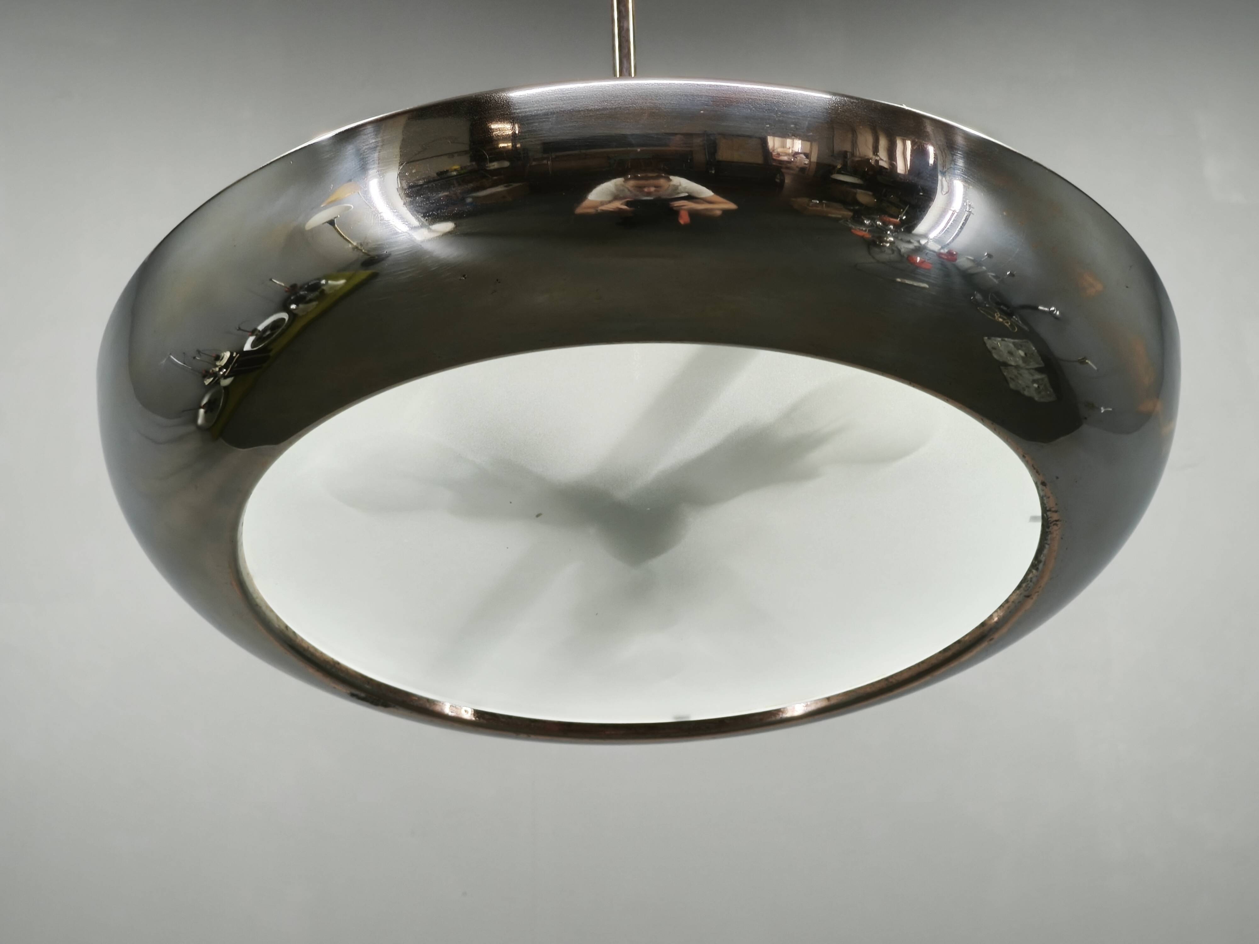 1930s Bauhaus UFO Chrome and Glass Pendant Light, Czechoslovakia