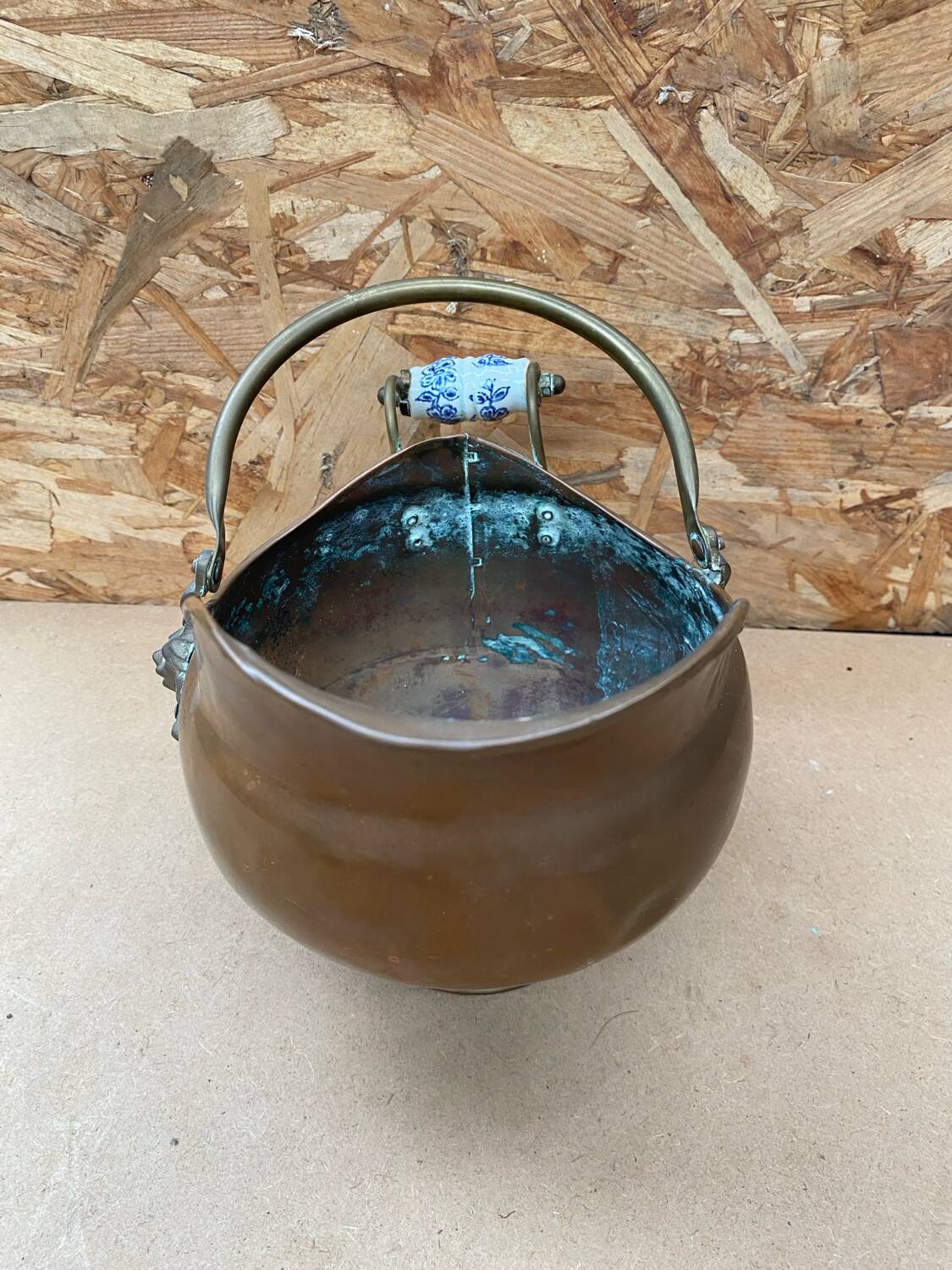 Antique copper & brass ash bucket + porcelain handle
