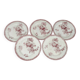 Lot de 5 assiettes plates début 20e Sarreguemines Modèle Fontanges